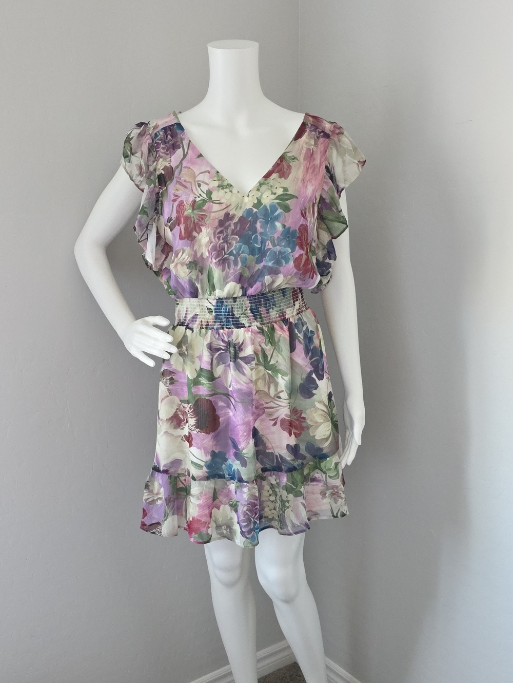 NWT Express Floral V-Neck Mini Dress in Purple & Green Multi